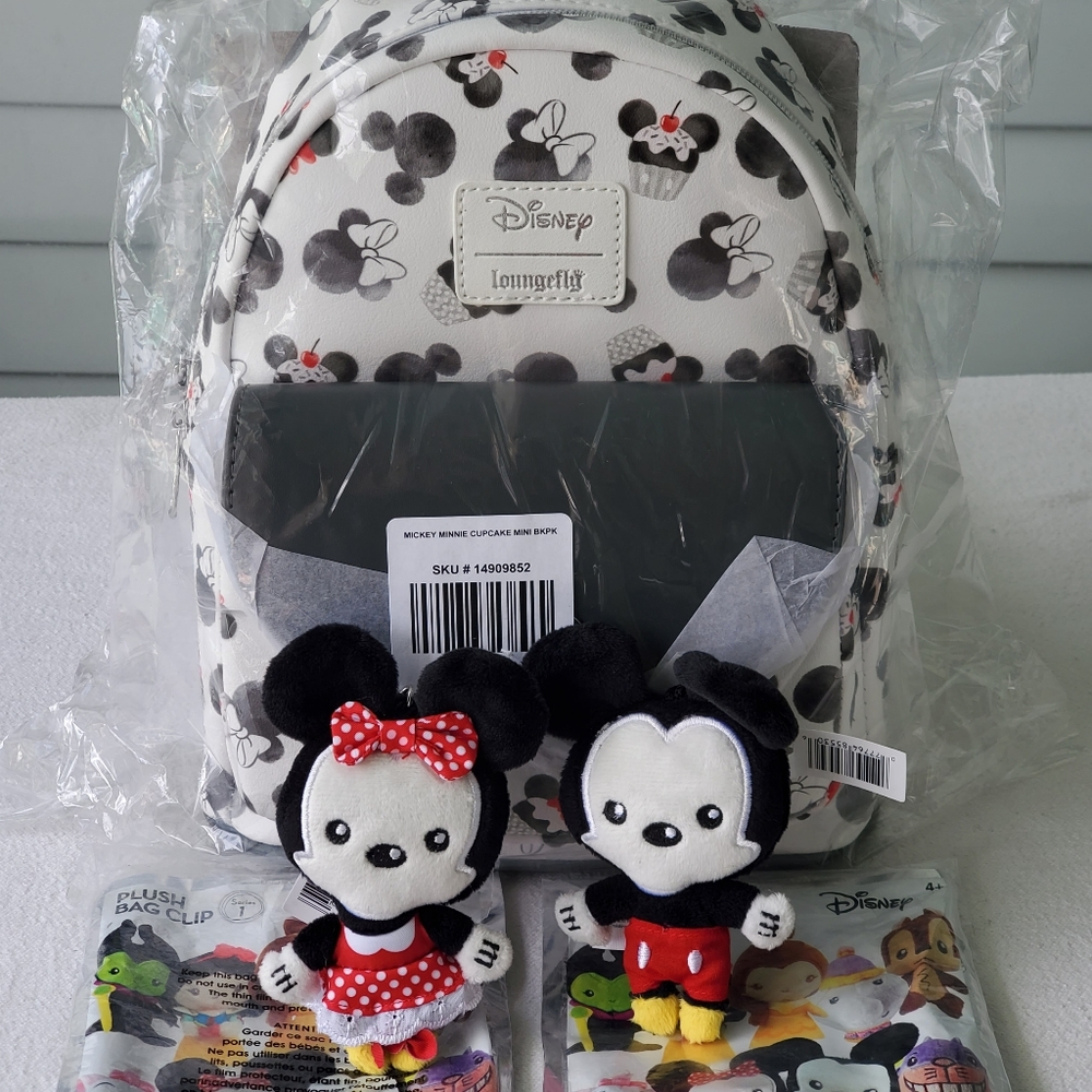 Loungefly Disney Minnie and Mickey Cupcakes Mini backpack, 2 Plush Bag clips